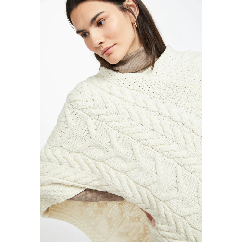 Ladies Aran Cable Knit Triangular Poncho Natural